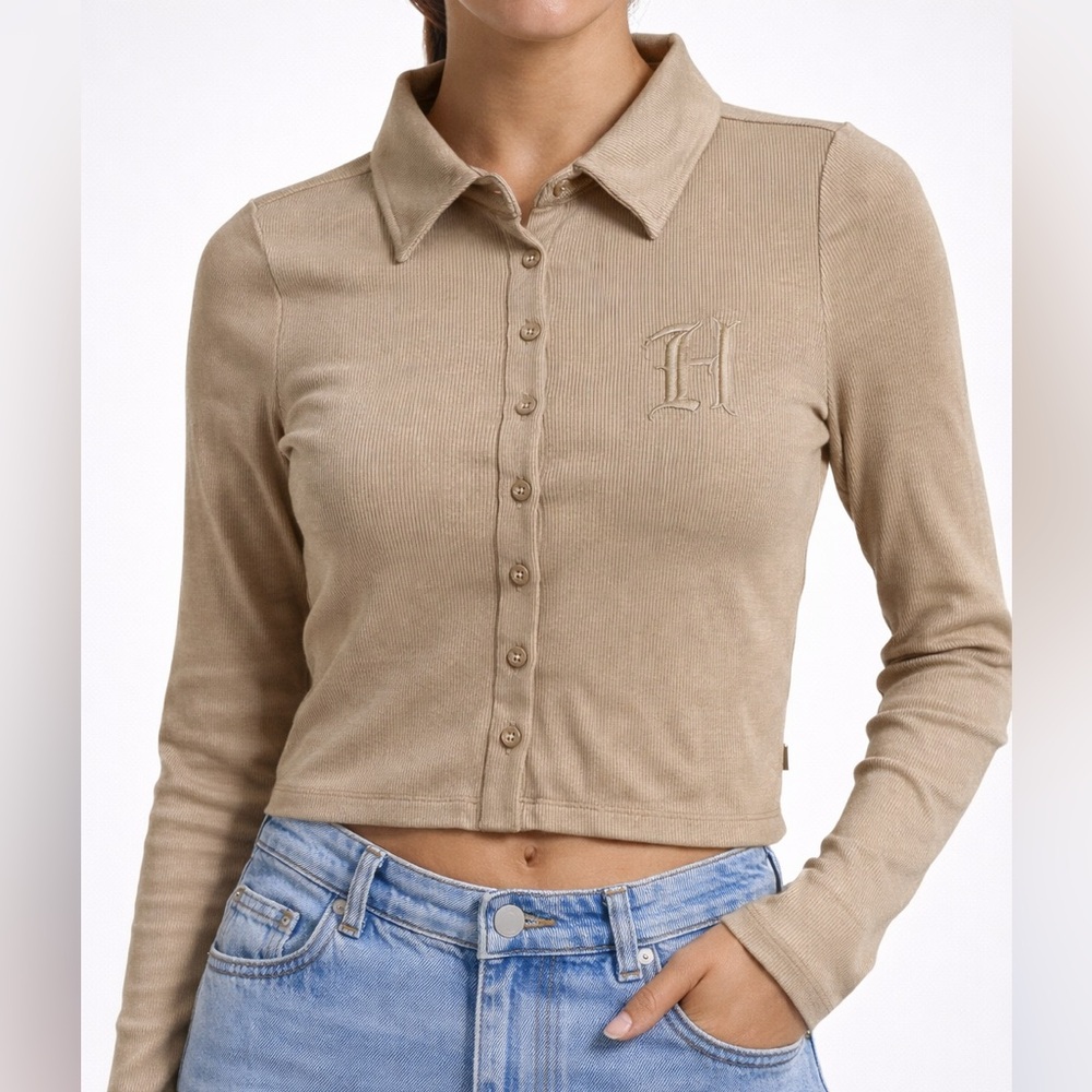 Honor The Gift Ribbed tan sand‎ Button Down Top Women’s Large Embroidered Logo